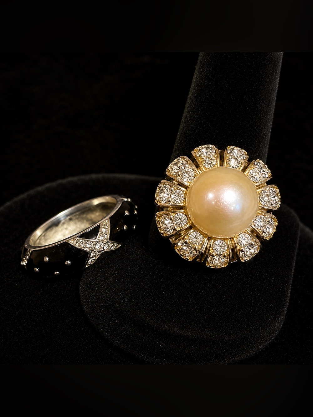 2 Fashion Rings Pearl & Rhinestone Ring Size 8 Black Rhinestone Ring Size 9